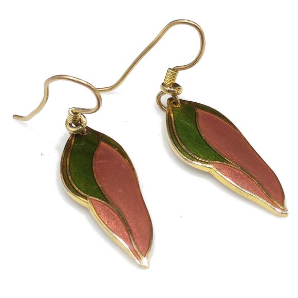 Laurel Burch "Barbee's Blossom" Earrings, Green & Dusty Pink, Gold Plated, 1980s - Picture 2 of 10